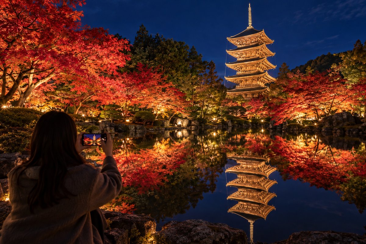 ライトアップされた五重塔ともみじが池の水面に逆さに映る夜の景色のイメージ
