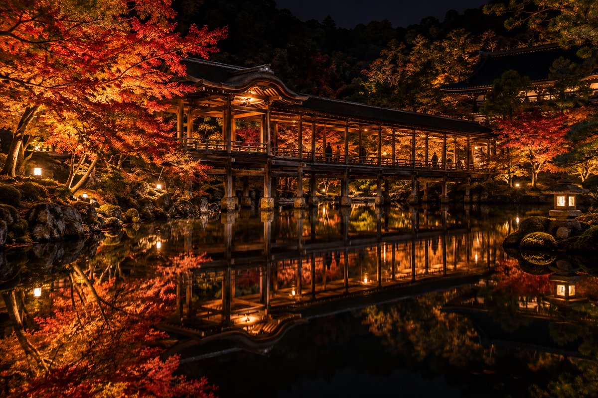 照らされたもみじと池にかかる廊下が黒い水面に映る夜の寺のイメージ