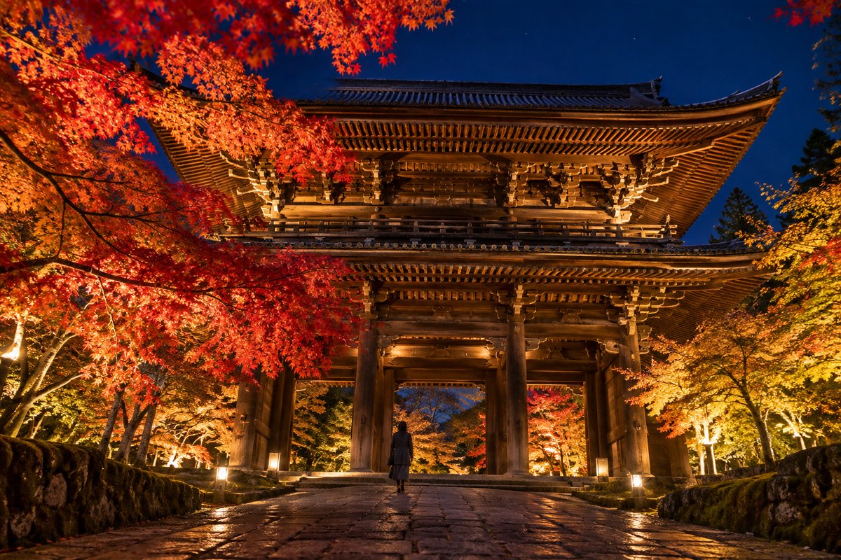 ライトアップされた大きな山門を、手前の紅葉越しに見上げる夜の景色のイメージ