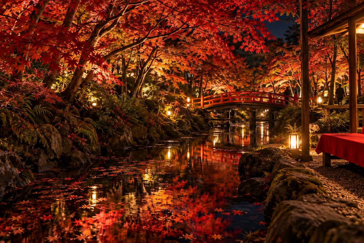 小川にかかる朱色の橋と、頭上を覆うもみじが照らされた夜のもみじ苑のイメージ