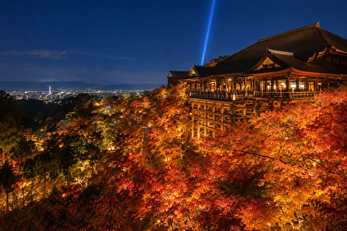 斜面に張り出した木の舞台と谷の紅葉、夜空に伸びる青い光を離れた位置から見るイメージ