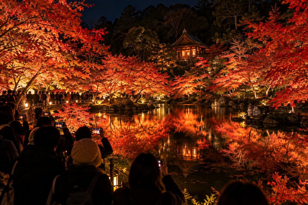 池のまわりを真っ赤なもみじが埋め、ほとりの通路が人で混み合う夜の寺のイメージ