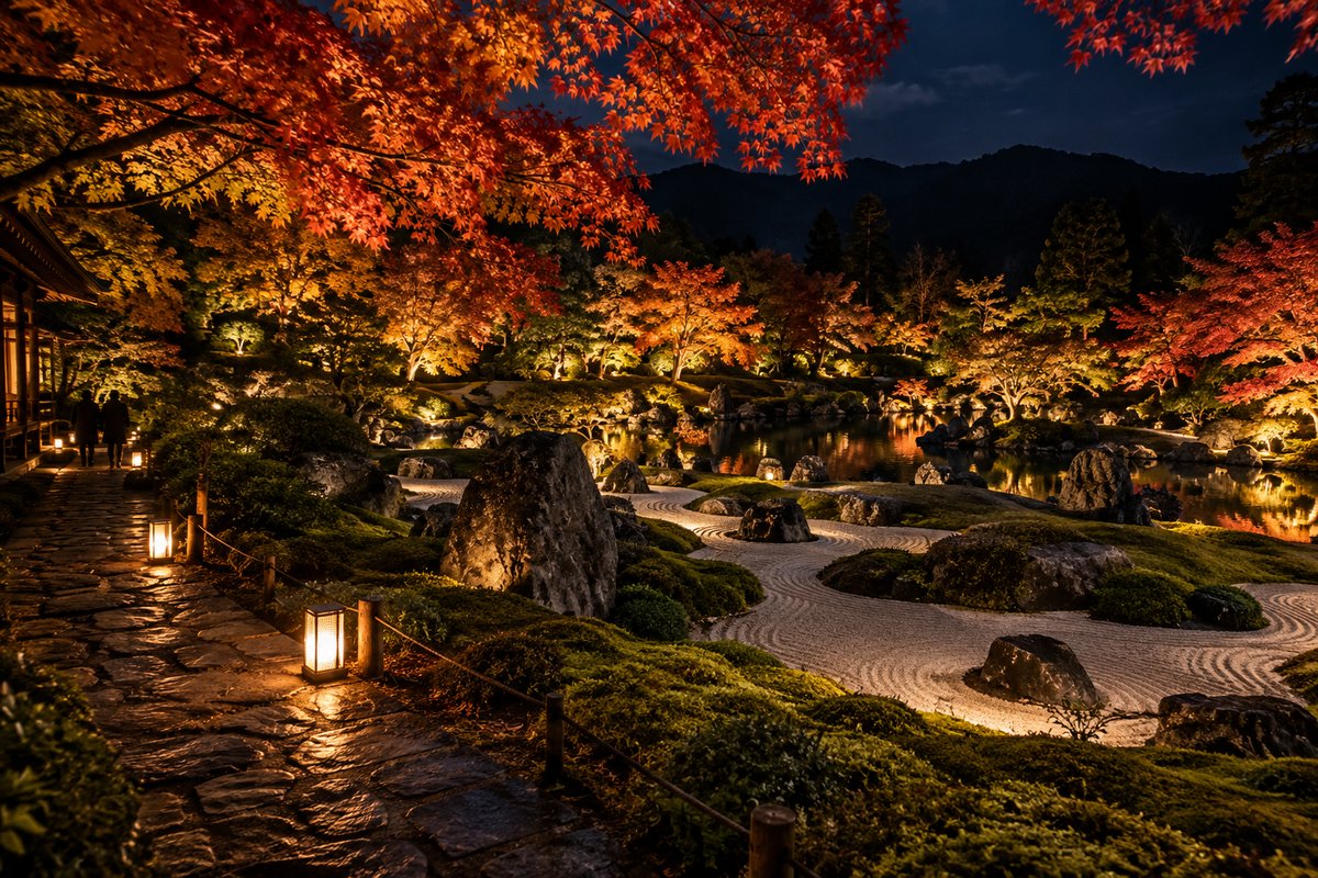 岩と苔の庭に照らされたもみじが覆いかぶさり、足元に行灯が並ぶ夜の庭園のイメージ