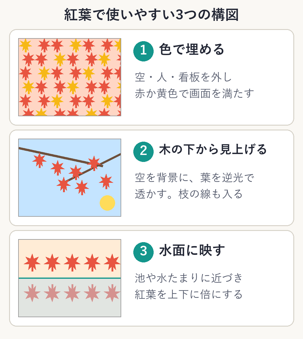 色で埋める、木の下から見上げる、水面に映す、の3つの構図を並べたカード図