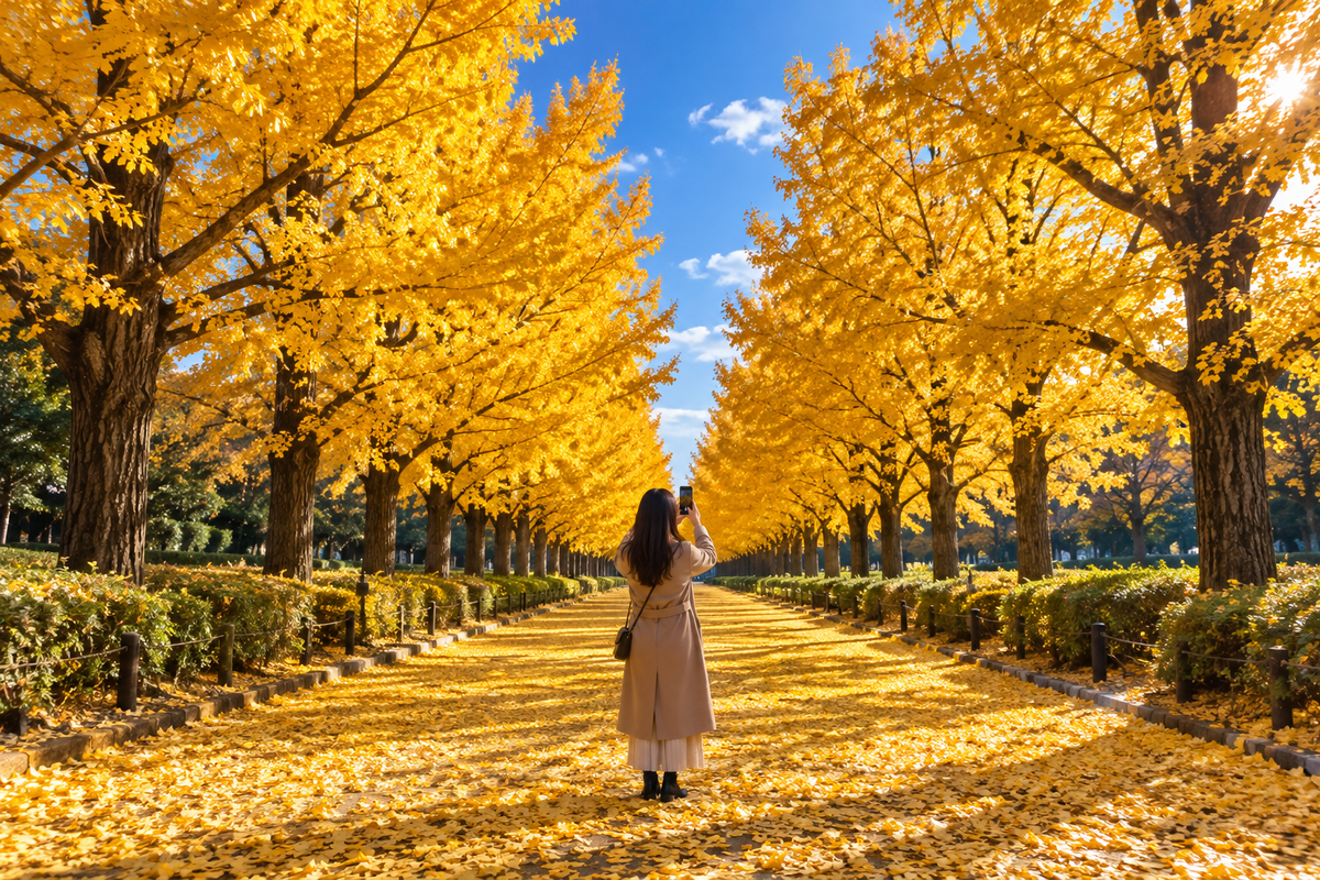イチョウの黄色は明るさを下げて残す