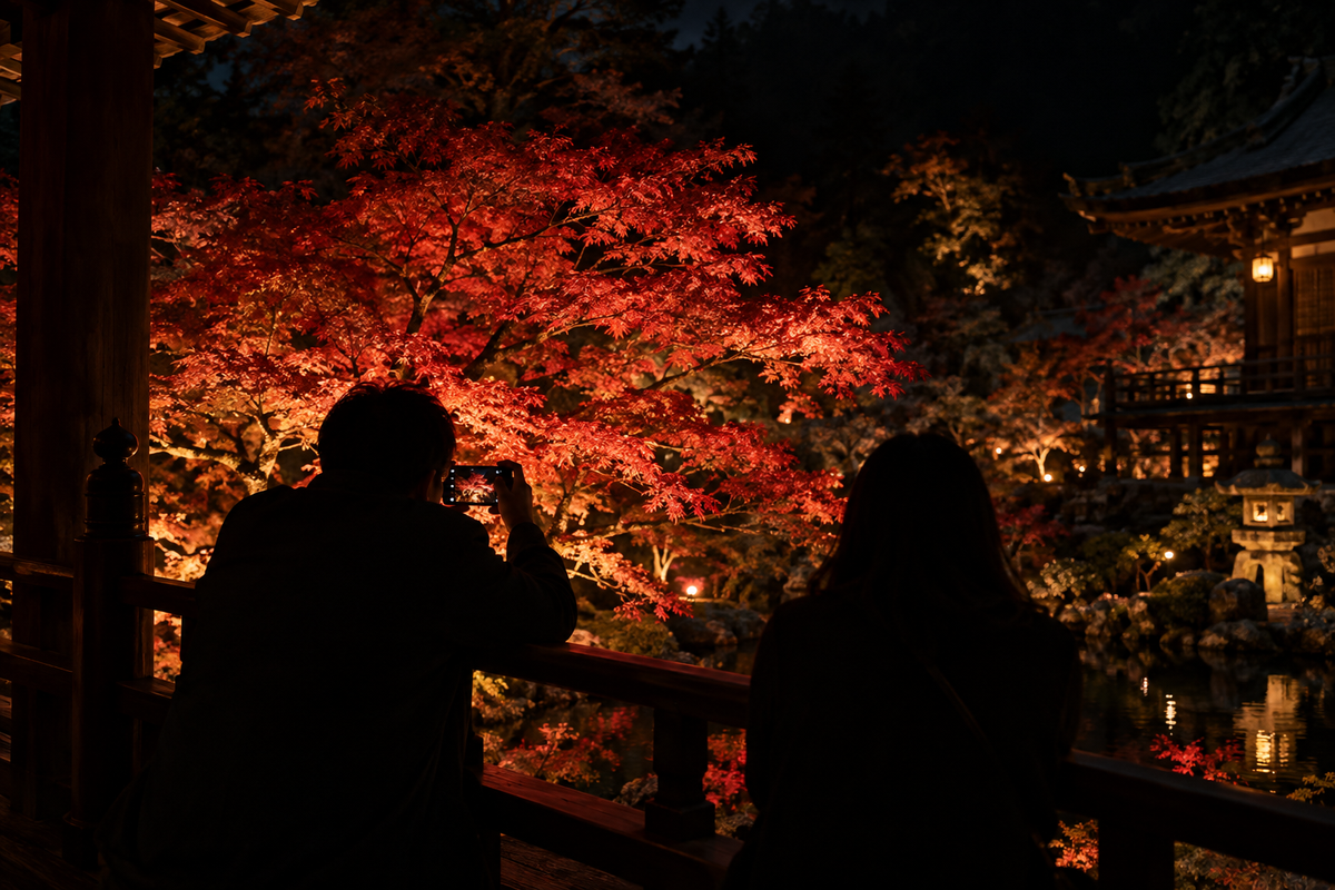 紅葉狩りで人やライトアップを撮るとき