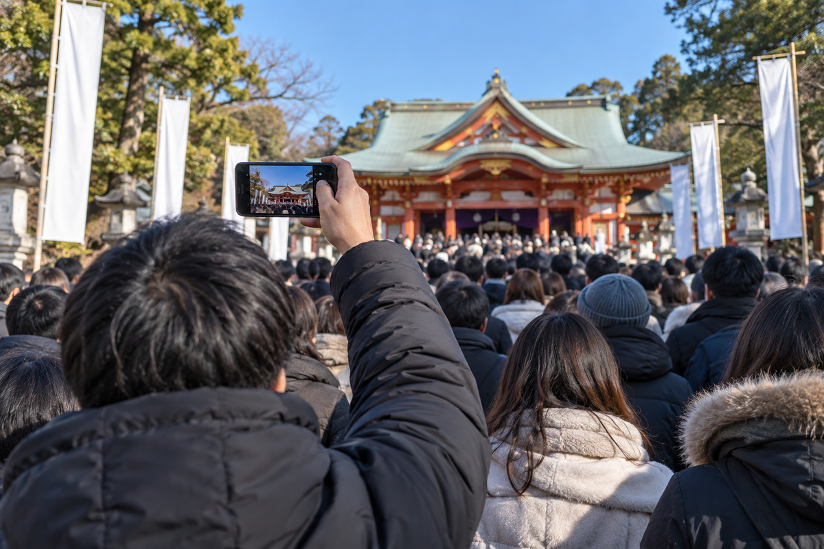 混雑した参道と家族写真