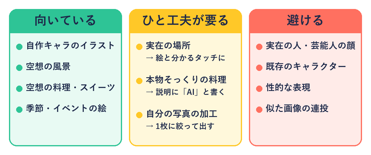 AI画像の題材を、向いている(自作キャラのイラスト、空想の風景、空想の料理・スイーツ、季節・イベントの絵)、ひと工夫が要る(実在の場所、本物そっくりの料理、自分の写真の加工)、避ける(実在の人・芸能人の顔、既存のキャラクター、性的な表現、似た画像の連投)の3つに分けた図