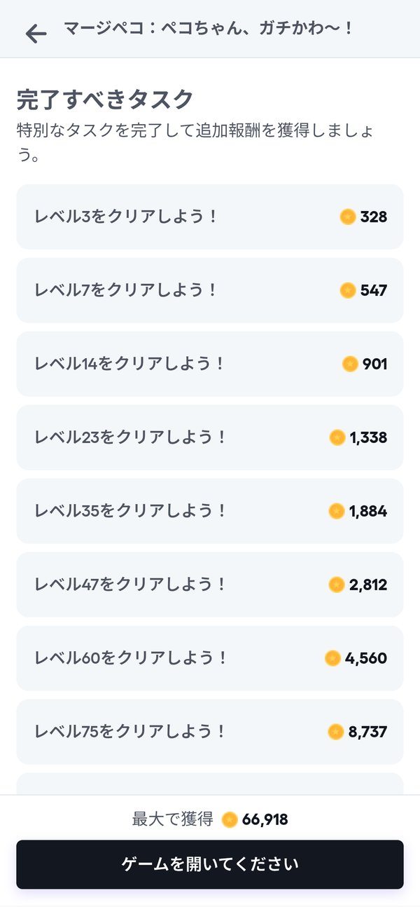 完了すべきタスクの一覧。レベル3をクリアで328、レベル75をクリアで8,737の画面