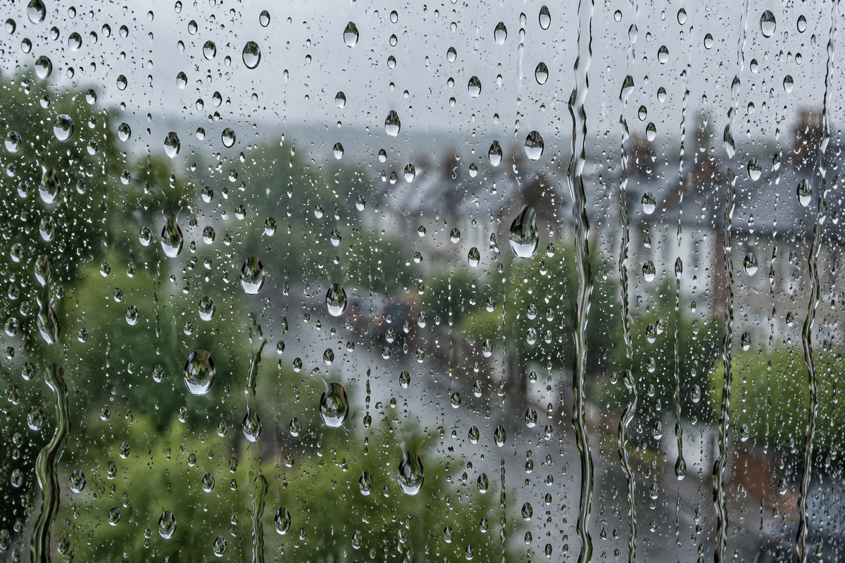 窓:ガラスの雨粒にピントを合わせる