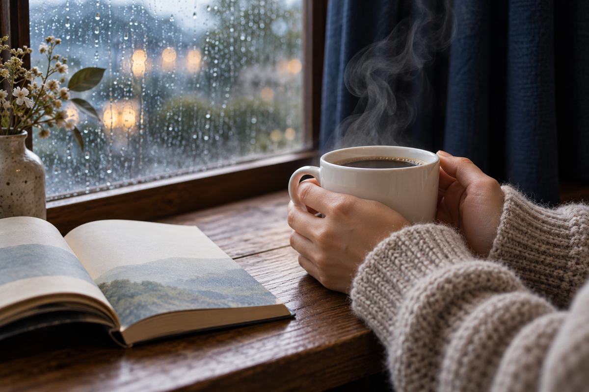 飲み物:窓ぎわのコーヒーで雨の日の室内を撮る