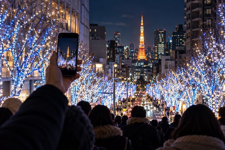 坂の上から光の並木の先に電波塔を入れ、人の頭越しにスマホを掲げて撮る構図のイメージ